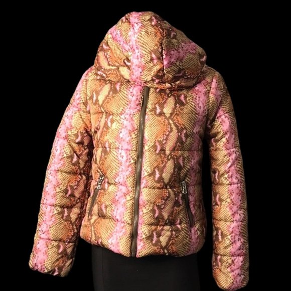 NWT New Look warm soft puffer jacket with hood full zipper snake print zipper M - Picture 4 of 14